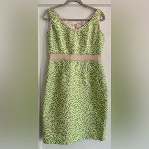 Maggy London Vintage Styled Dress Size 10 Lime Green Beige Trim Sleeveless Zip